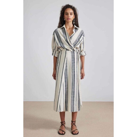 NWT APIECE APART Gabriella Tie Wrap Dress Organic Cotton Midi Cream Bold Stripe - Picture 1 of 8